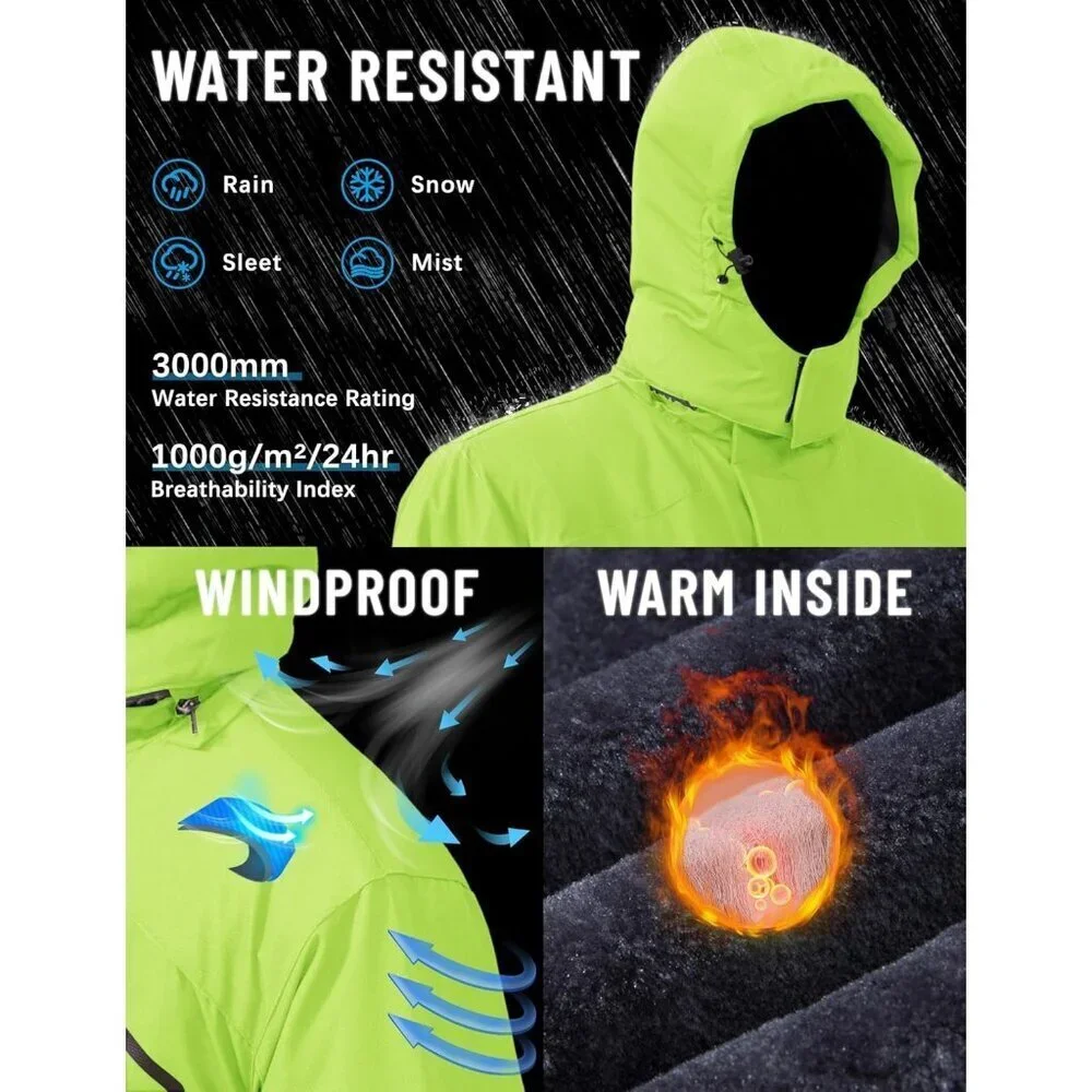 Men's #215 Bright Green Winter Ski Jacket Water Resistant Fleece Hooded Parka